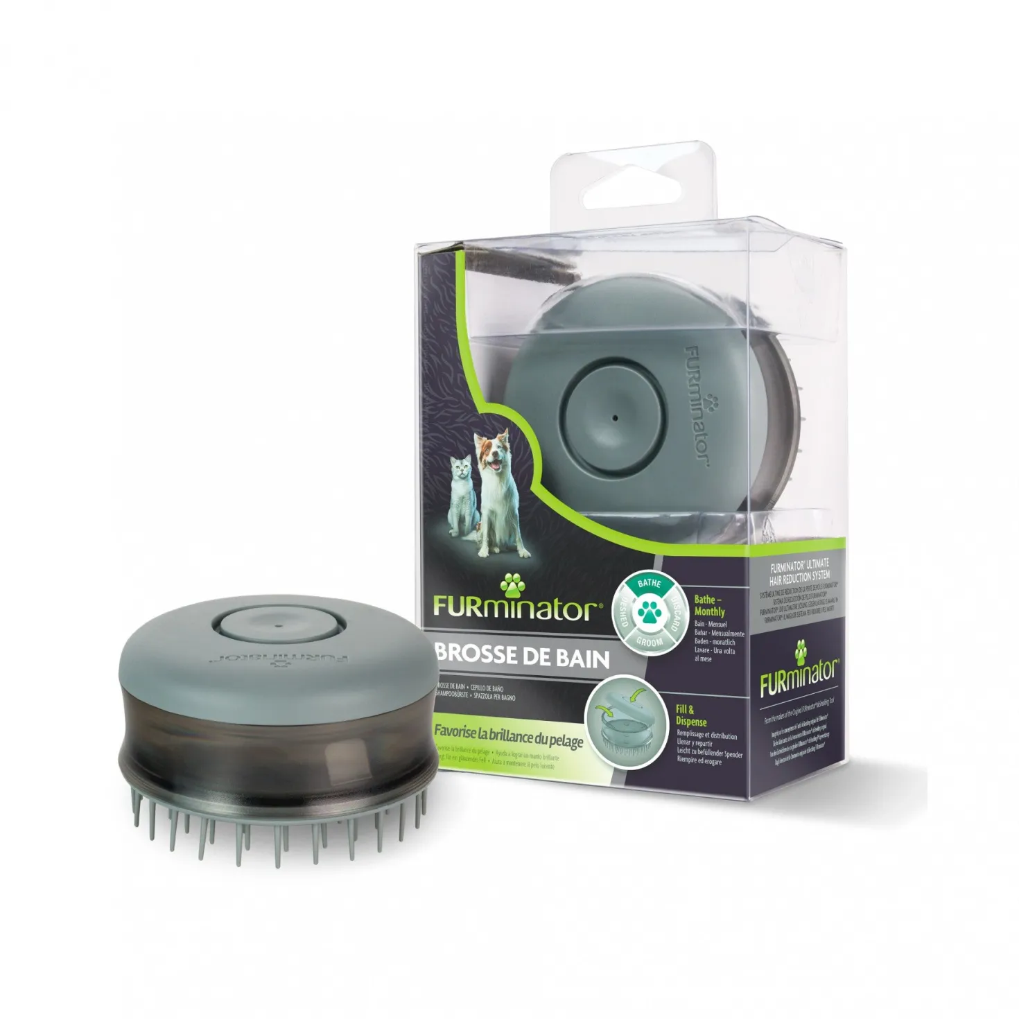 Brosse de bain avec réservoir pour shampoing chien, chat
