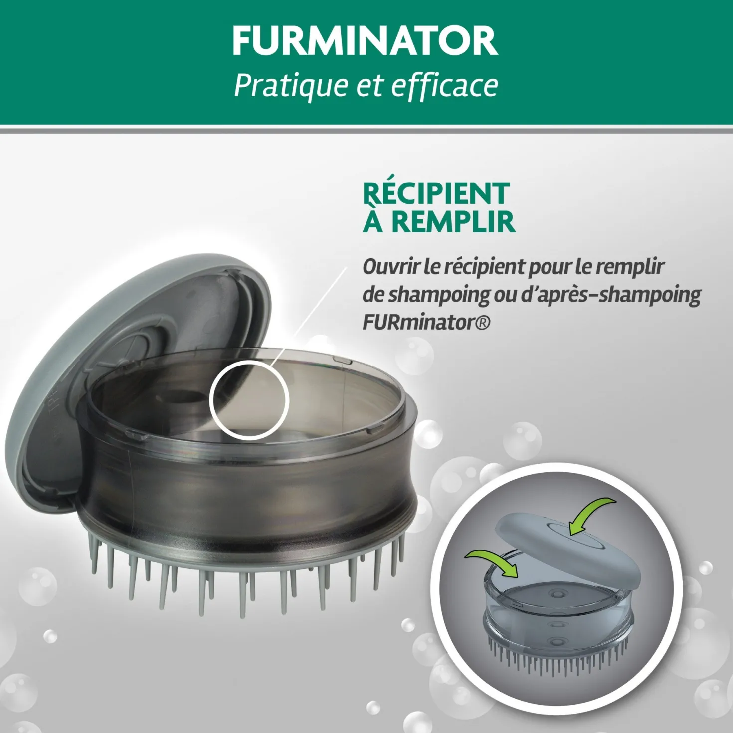 Brosse de bain avec réservoir pour shampoing chien, chat