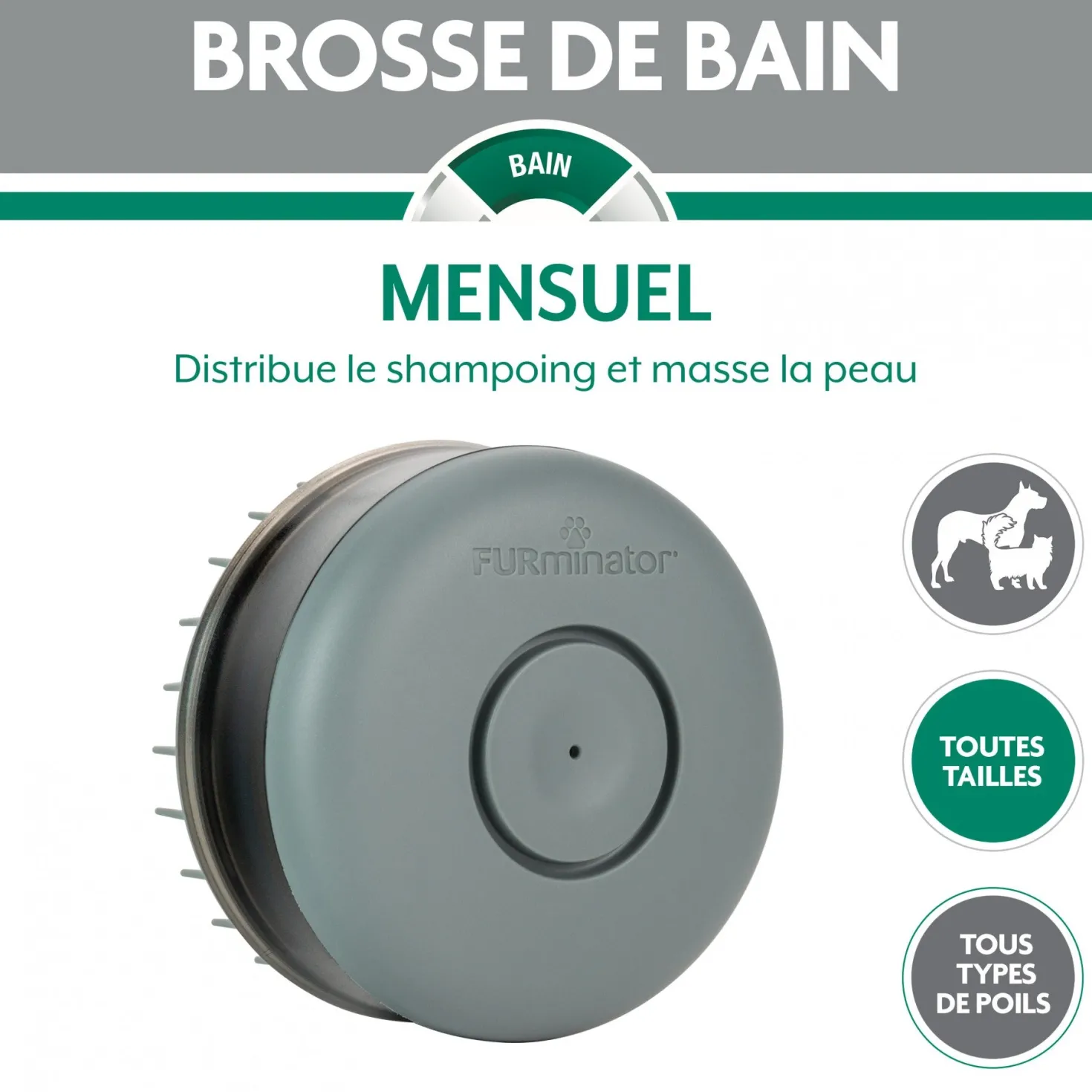 Brosse de bain avec réservoir pour shampoing chien, chat